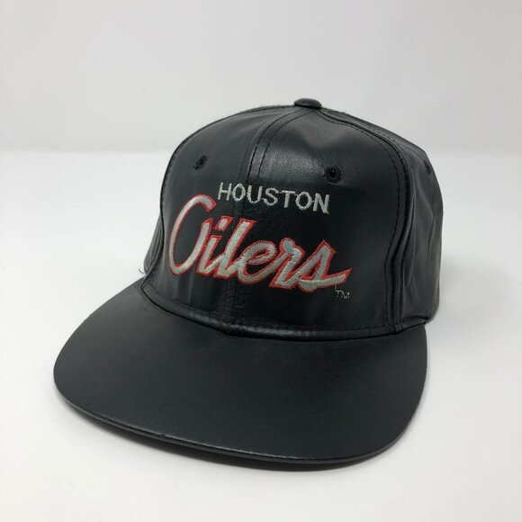 Sports Specialties Vintage 90s‎ Houston Oilers Script Leather Strapback Hat - Picture 1 of 8